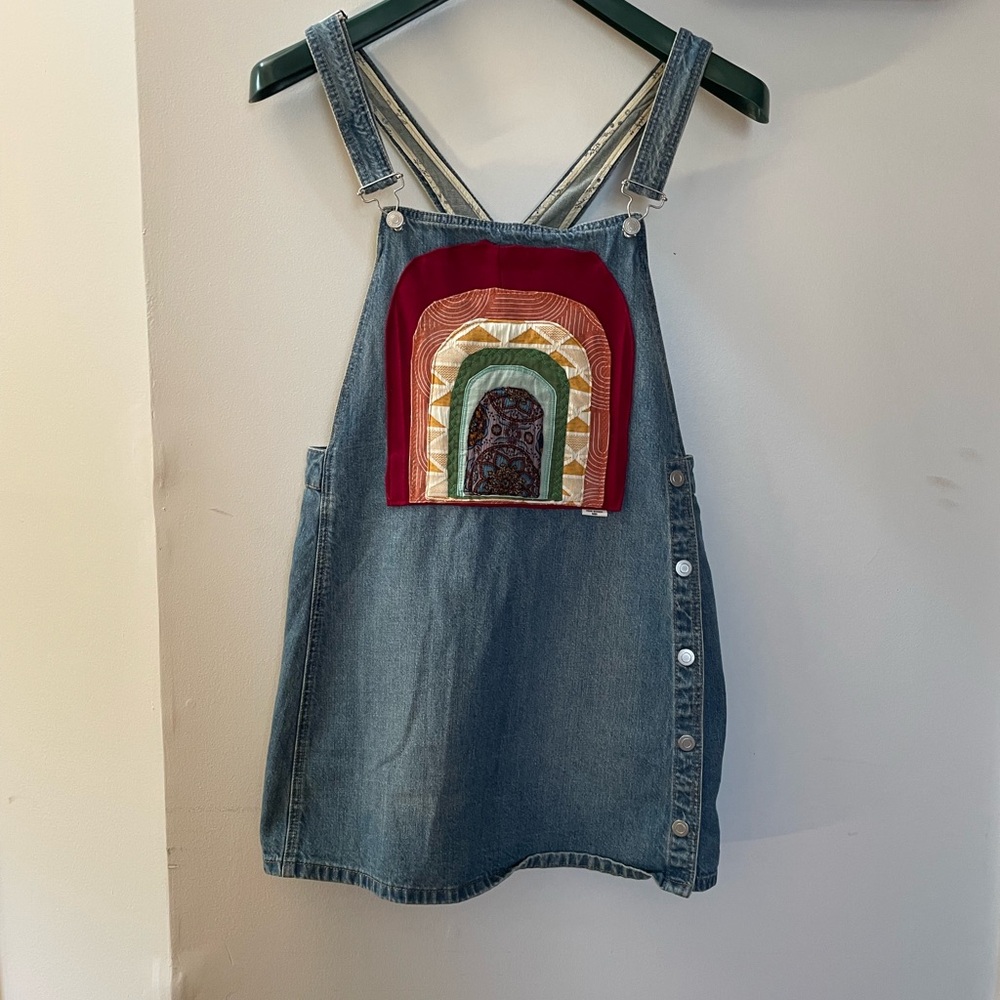 Free People - Denim Overall Dress with Quilted Rainbow Patch